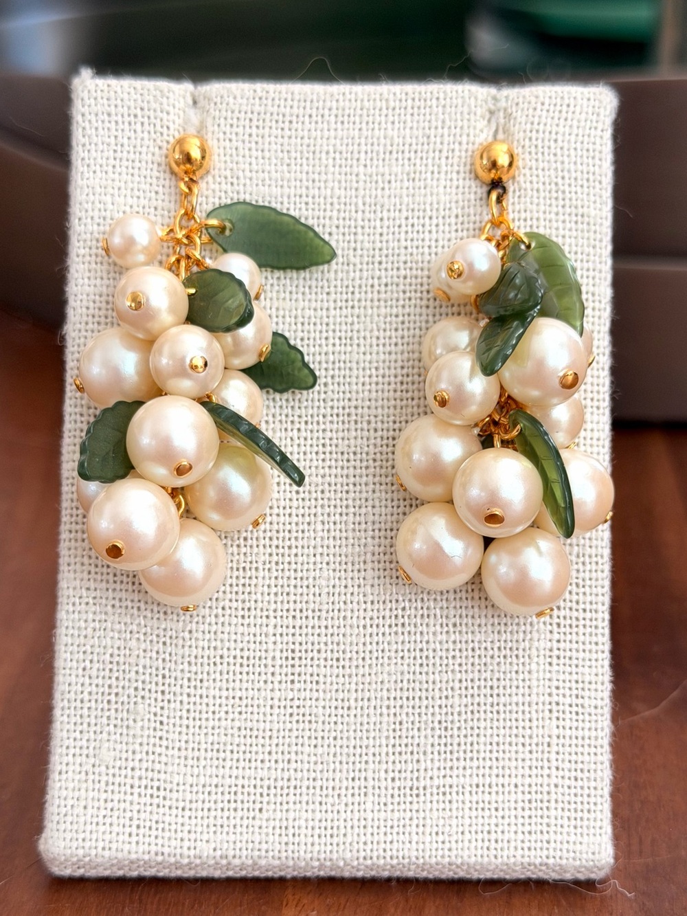 Vintage Faux Pearl Grape Cluster Earrings Green Leaves Botanical Dangle